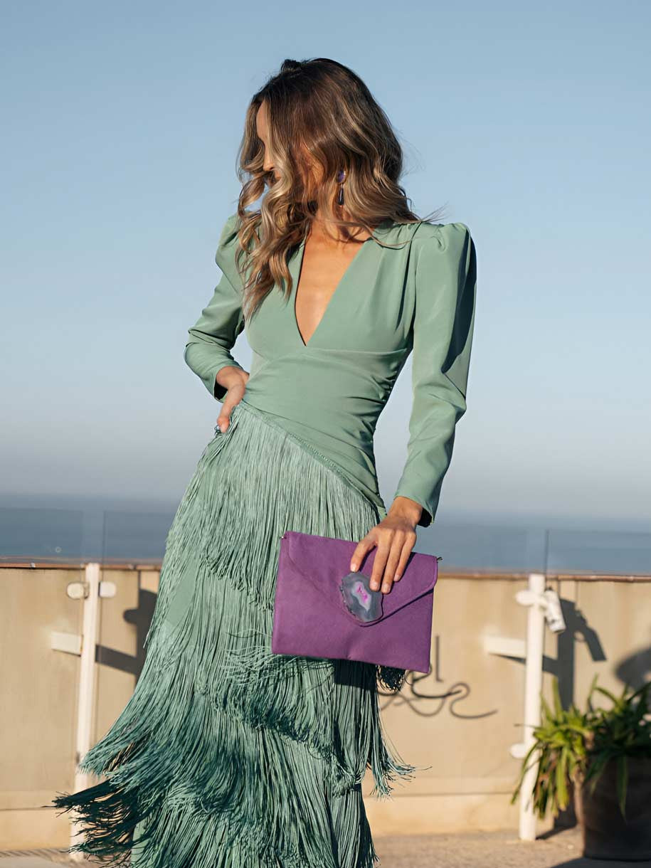 Frida | Abito midi con frange verde salvia