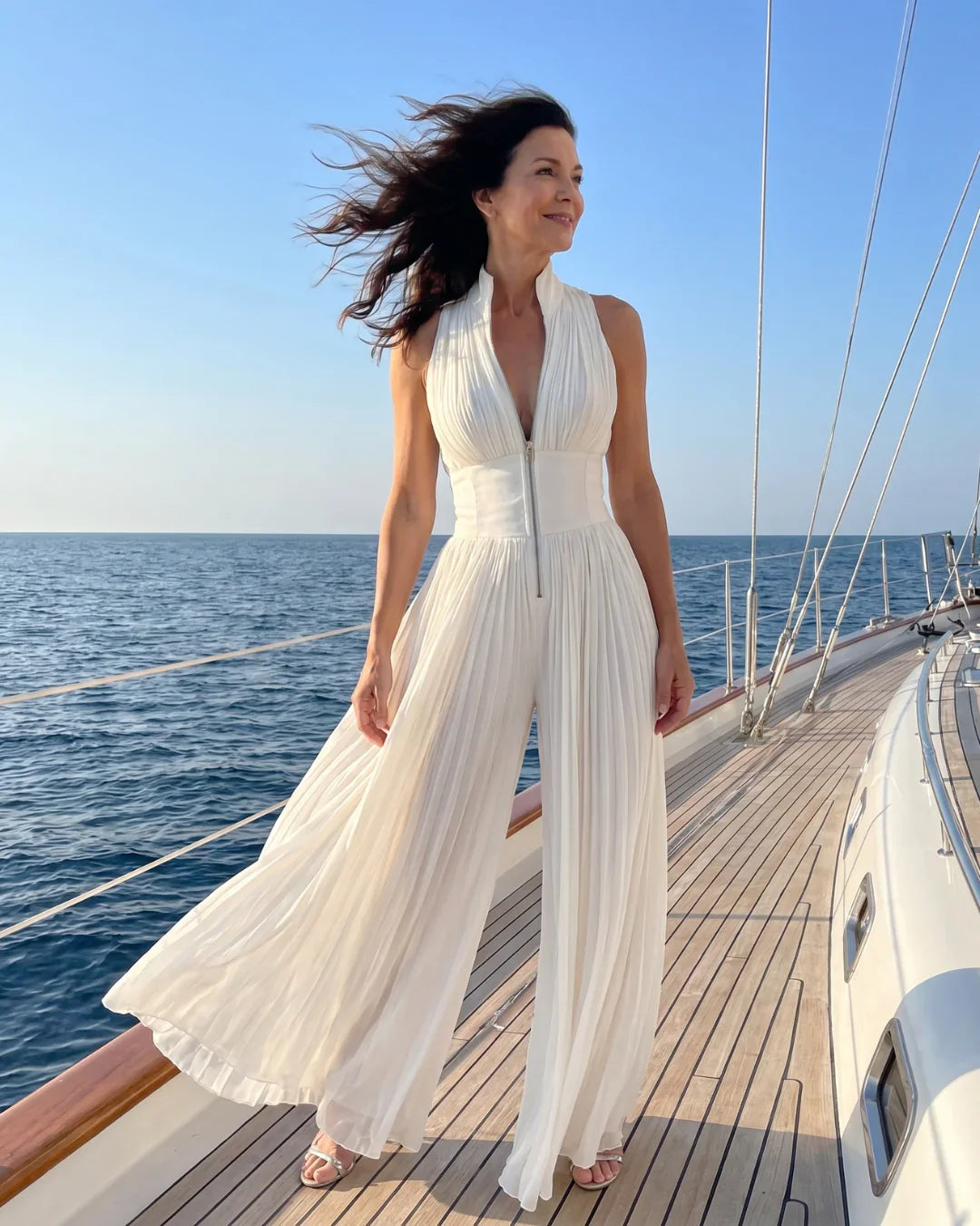 Tuta in chiffon bianca senza maniche con scollo a V, zip e pantaloni a gamba larga plissettati