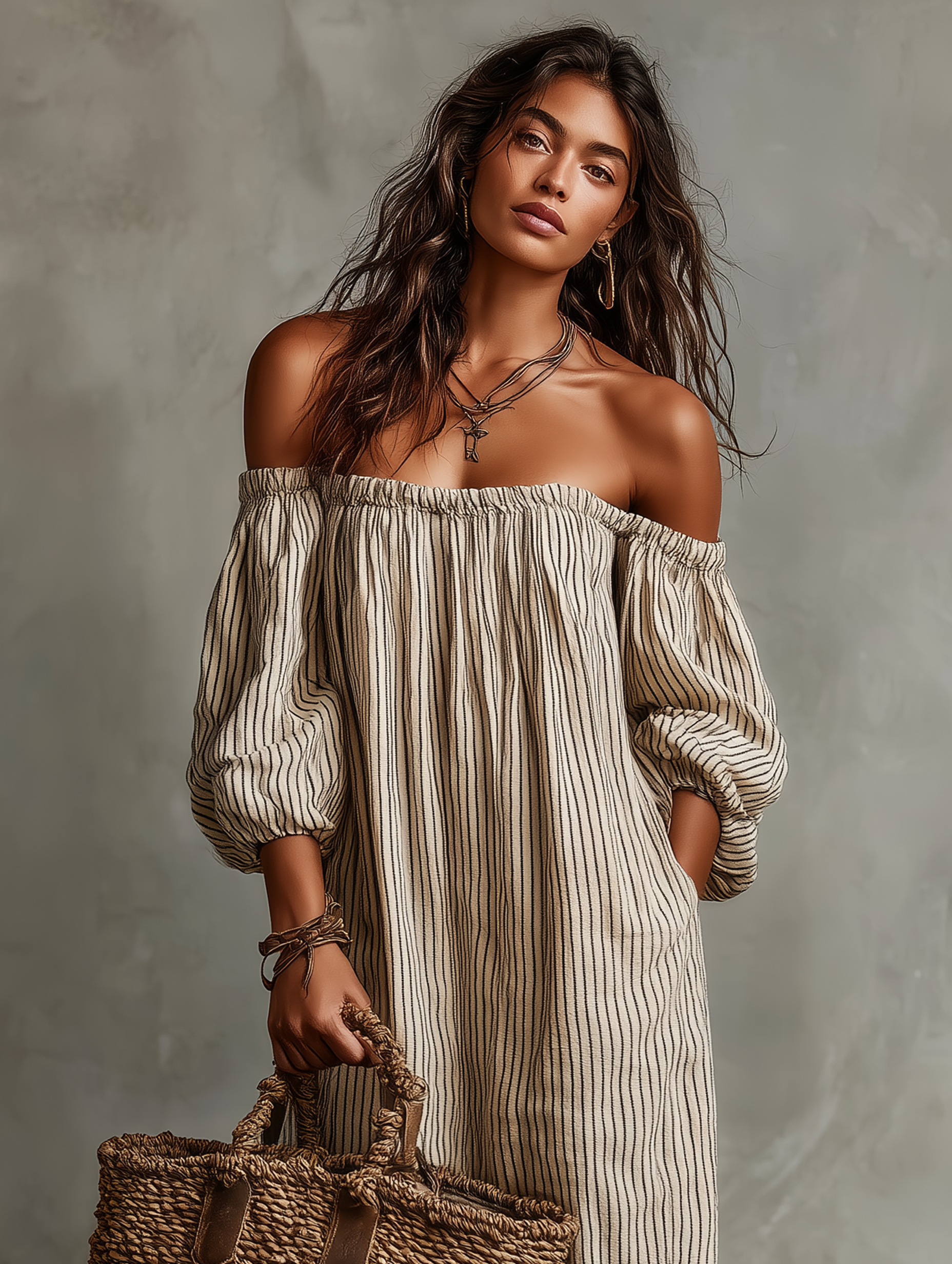MARCO & BIANCA MILANO | CARMEN ABITO LUNGO IN COTONE E LINO OFF-SHOULDER DONNA
