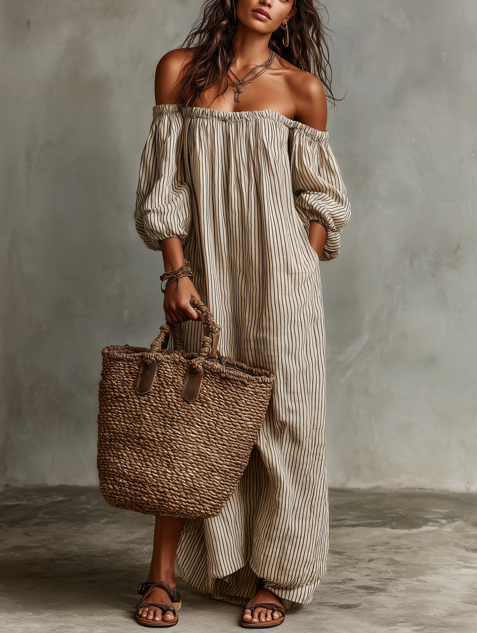 MARCO & BIANCA MILANO | CARMEN ABITO LUNGO IN COTONE E LINO OFF-SHOULDER DONNA
