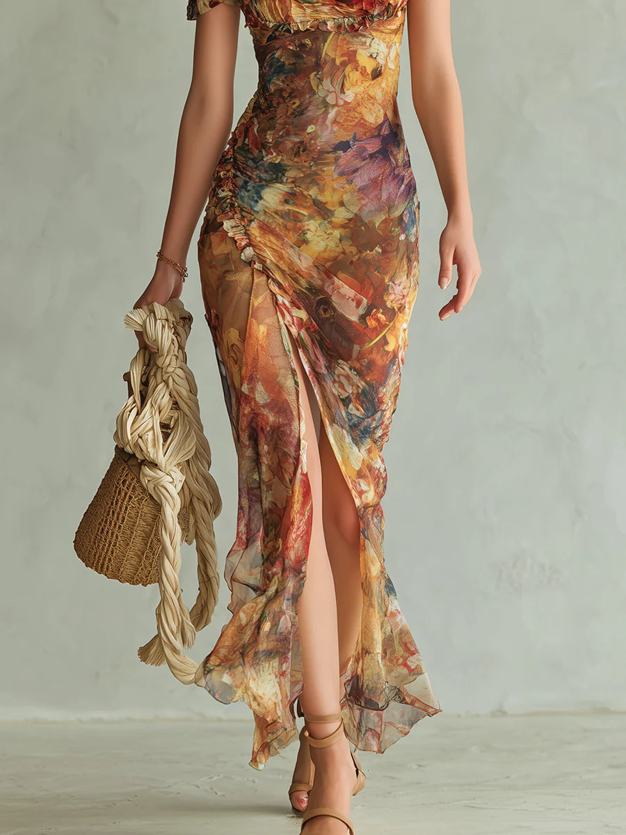 MARCO & BIANCA MILANO | ABITO MAXI IN CHIFFON ARANCIONE BOHÉMIEN DONNA