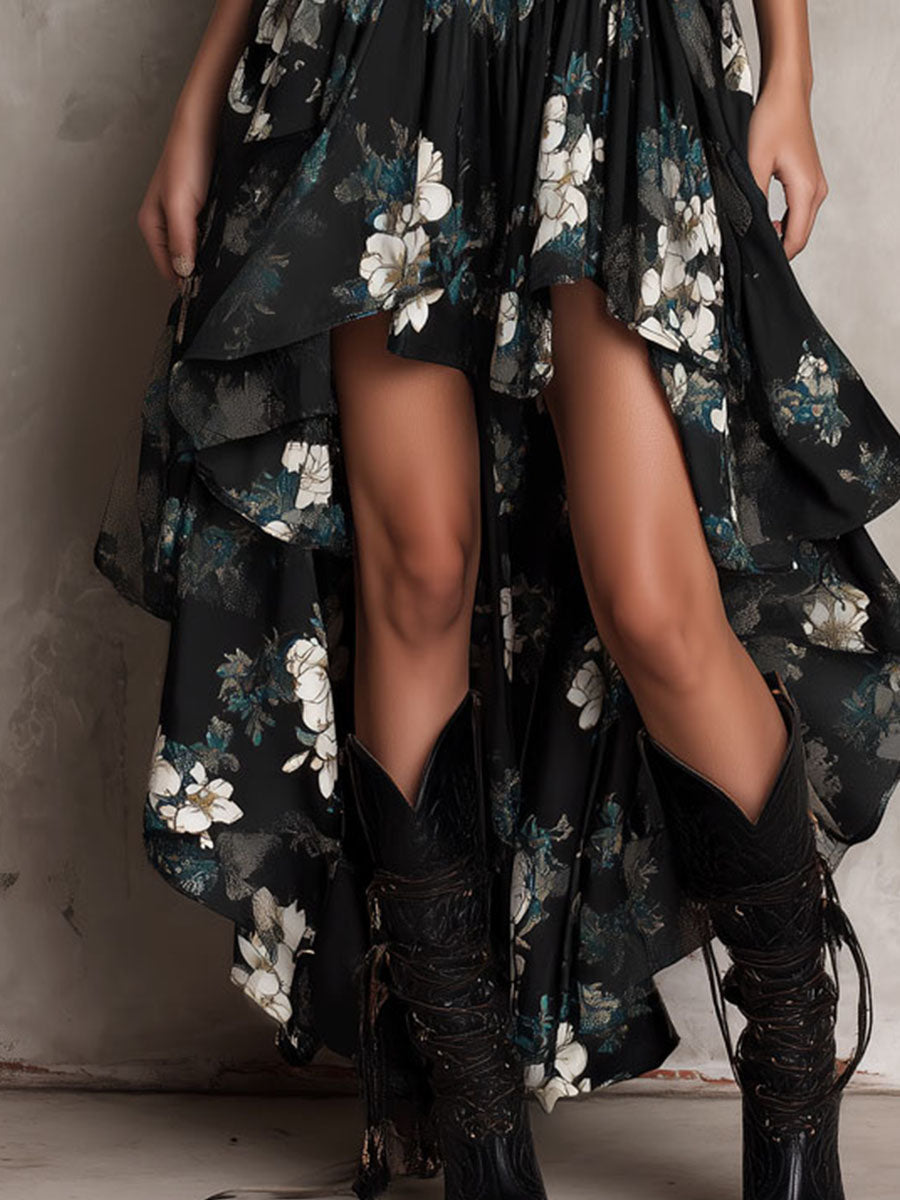 MARCO & BIANCA MILANO | ABITO MAXI NERO FLOREALE BOHÉMIEN DONNA
