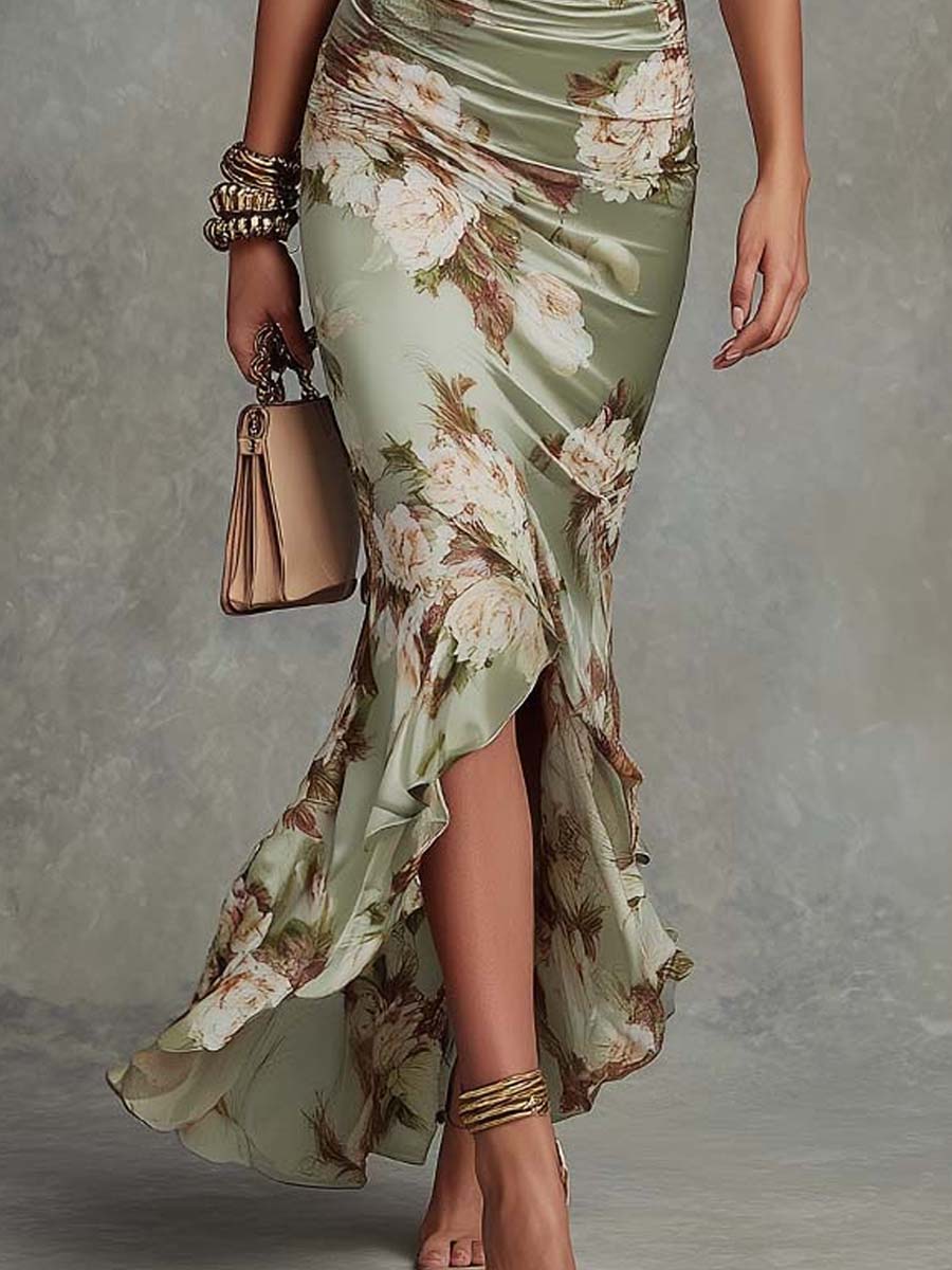 MARCO & BIANCA MILANO | ABITO MAXI IN RASO VERDE FLOREALE DONNA