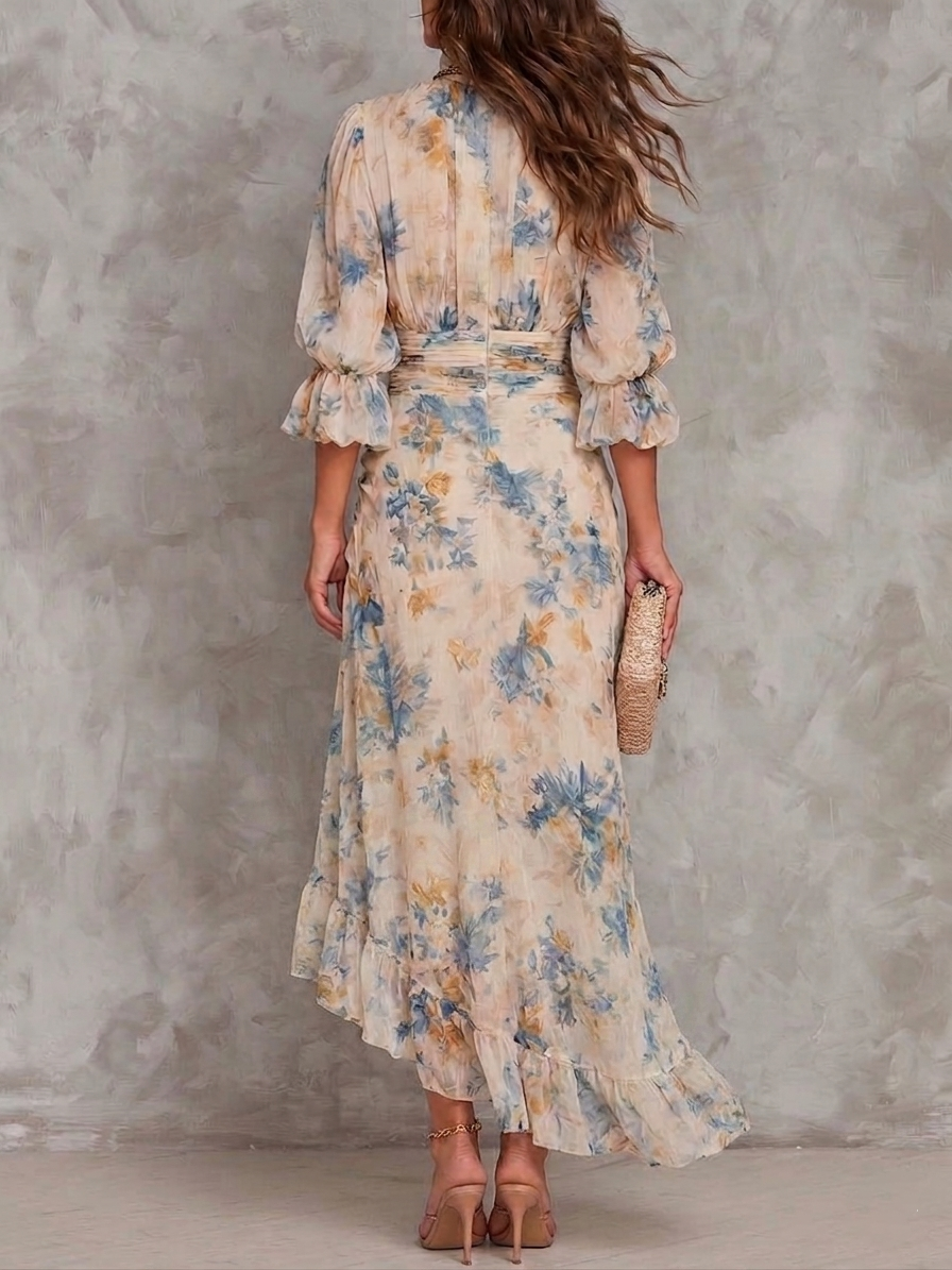 MARCO & BIANCA MILANO | ABITO MAXI BEIGE FLOREALE COLLO ALTO DONNA