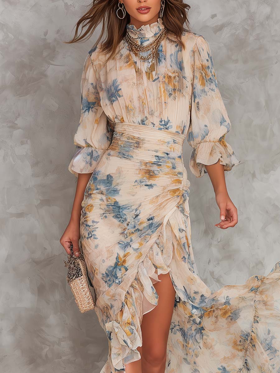MARCO & BIANCA MILANO | ABITO MAXI BEIGE FLOREALE COLLO ALTO DONNA