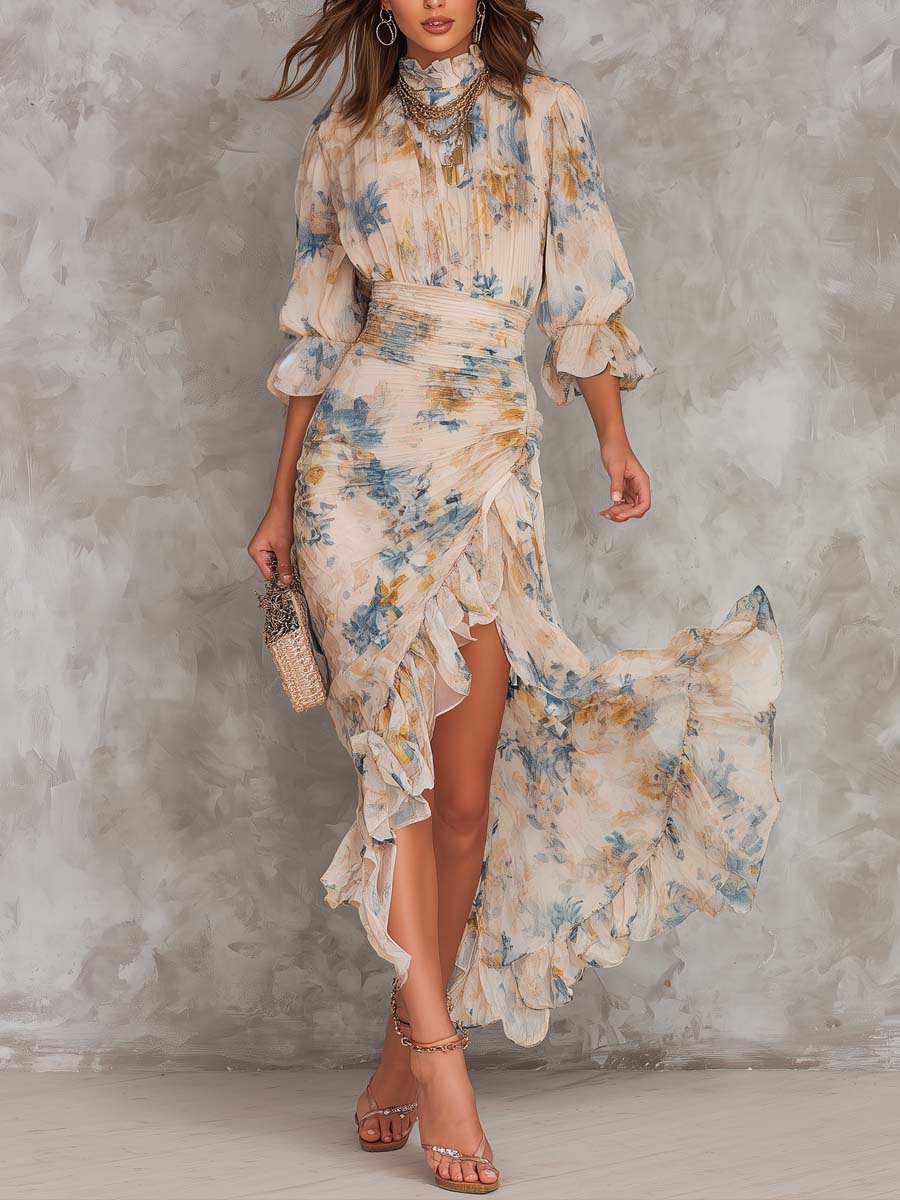 MARCO & BIANCA MILANO | ABITO MAXI BEIGE FLOREALE COLLO ALTO DONNA