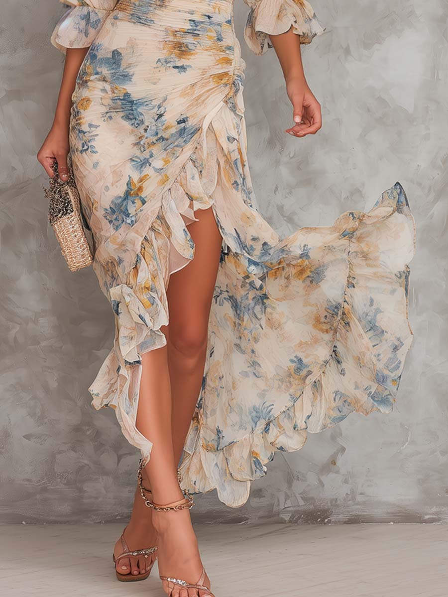 MARCO & BIANCA MILANO | ABITO MAXI BEIGE FLOREALE COLLO ALTO DONNA