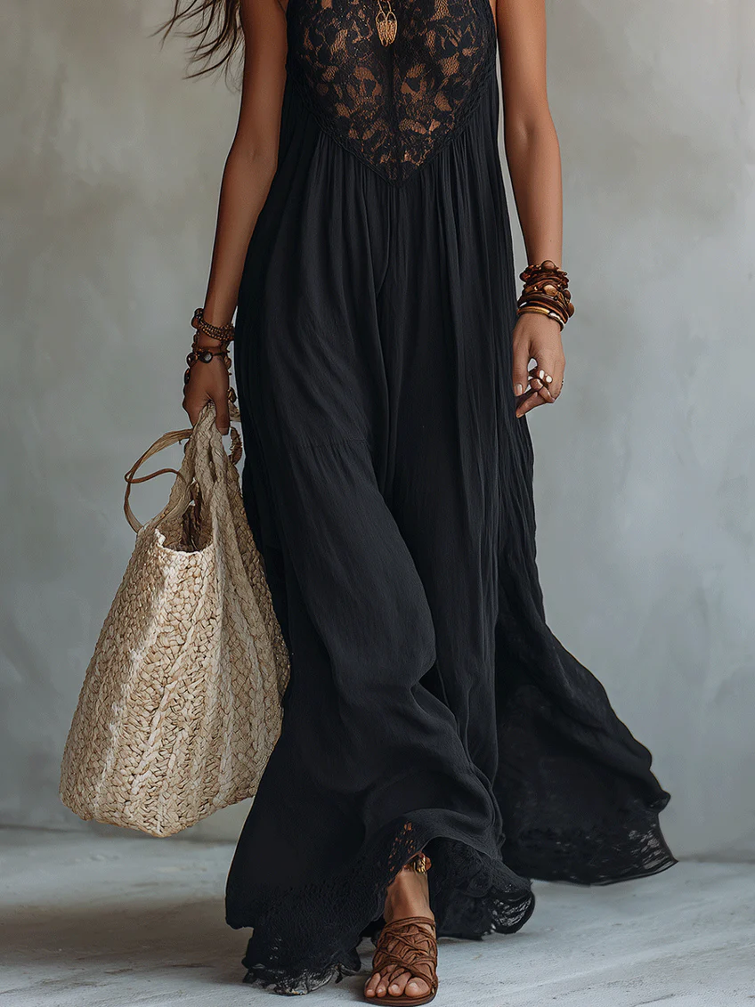 MARCO & BIANCA MILANO | ABITO MAXI NERO CON PIZZO BOHÉMIEN DONNA