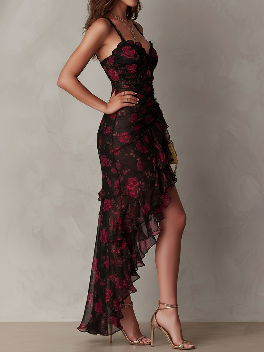 MARCO & BIANCA MILANO | ABITO CHIC NERO E ROSSO CON FIORI DONNA