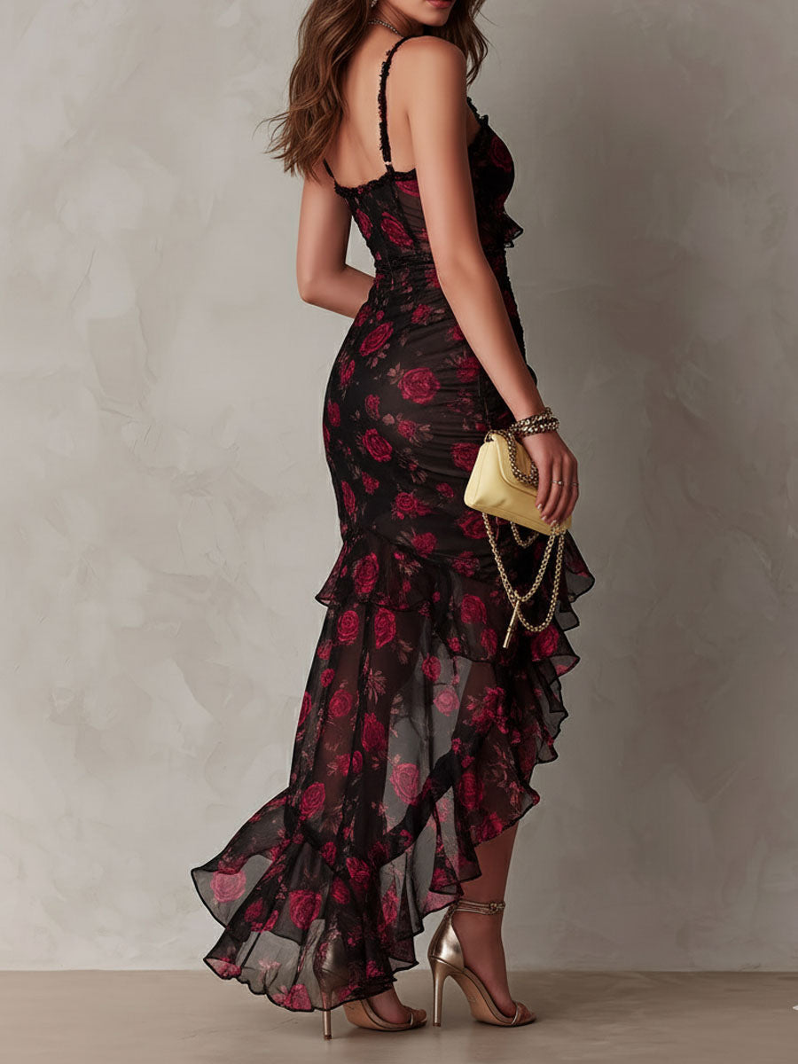 MARCO & BIANCA MILANO | ABITO CHIC NERO E ROSSO CON FIORI DONNA