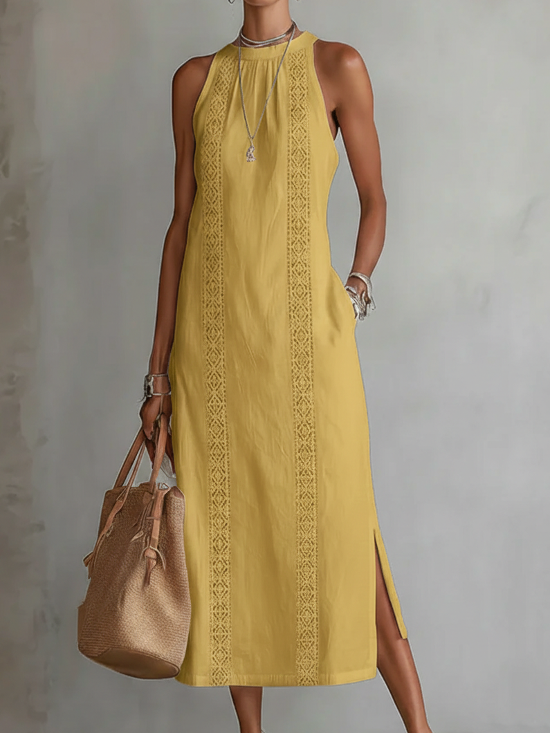 Jimena | Abito midi in lino con collo alla coreana