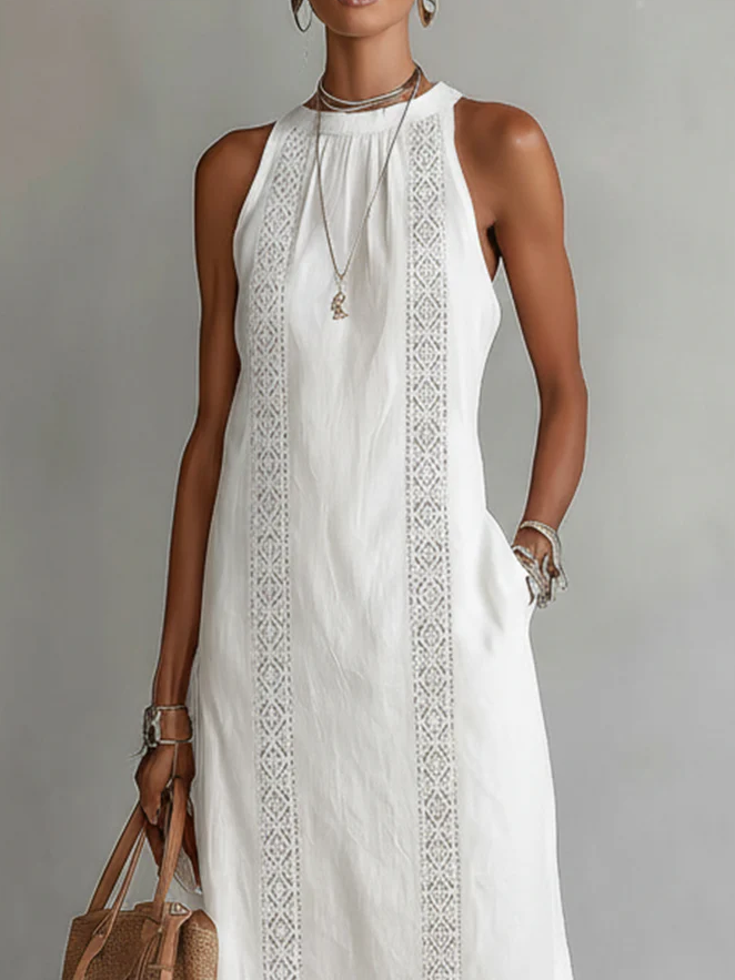Jimena | Abito midi in lino con collo alla coreana