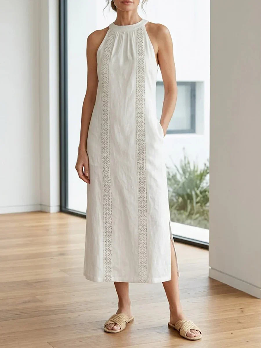 Jimena | Abito midi in lino con collo alla coreana
