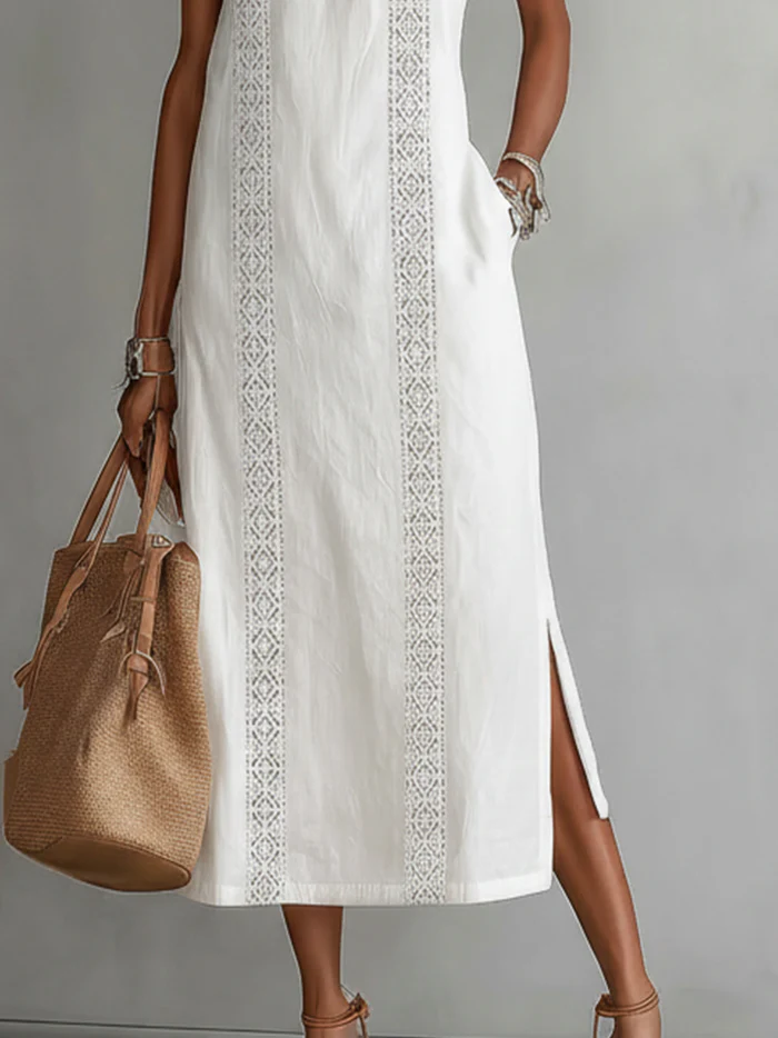 Jimena | Abito midi in lino con collo alla coreana