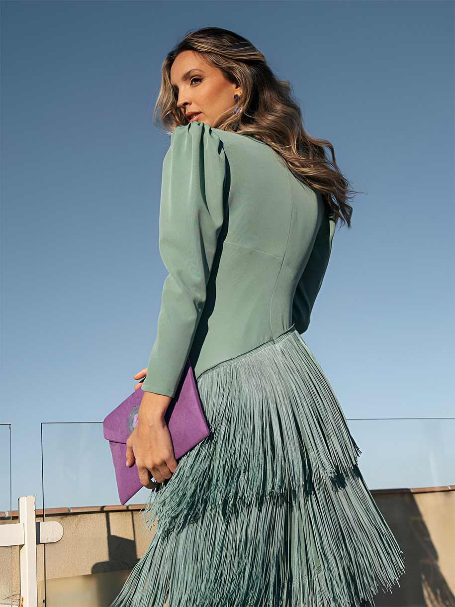 Frida | Abito midi con frange verde salvia