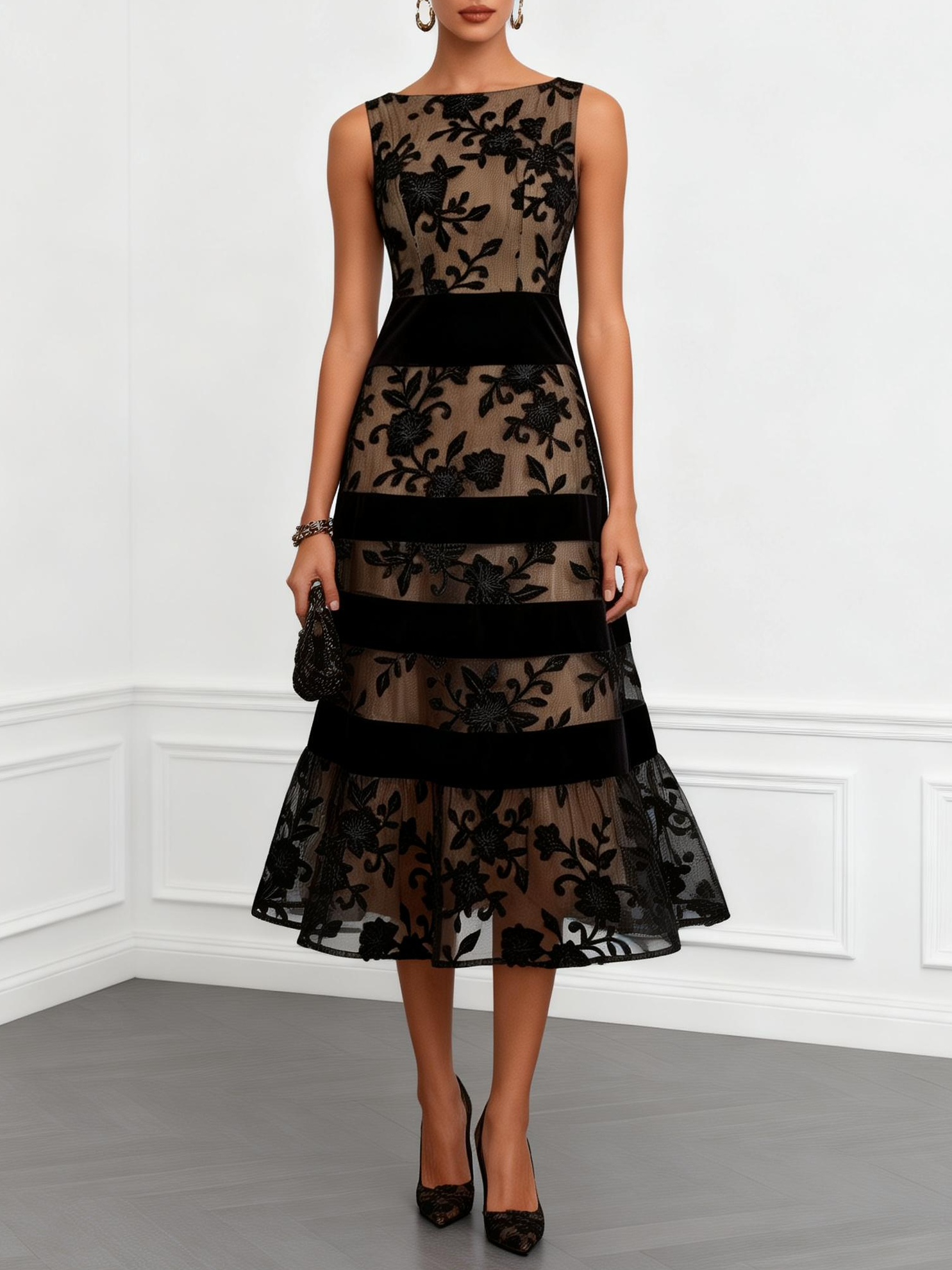 MARCO & BIANCA MILANO | ABITO MIDI IN RETE NERA FLOREALE DONNA