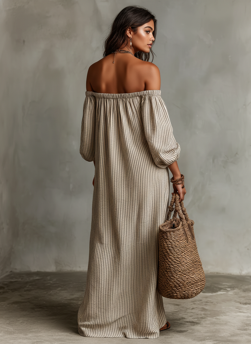 MARCO & BIANCA MILANO | CARMEN ABITO LUNGO IN COTONE E LINO OFF-SHOULDER DONNA