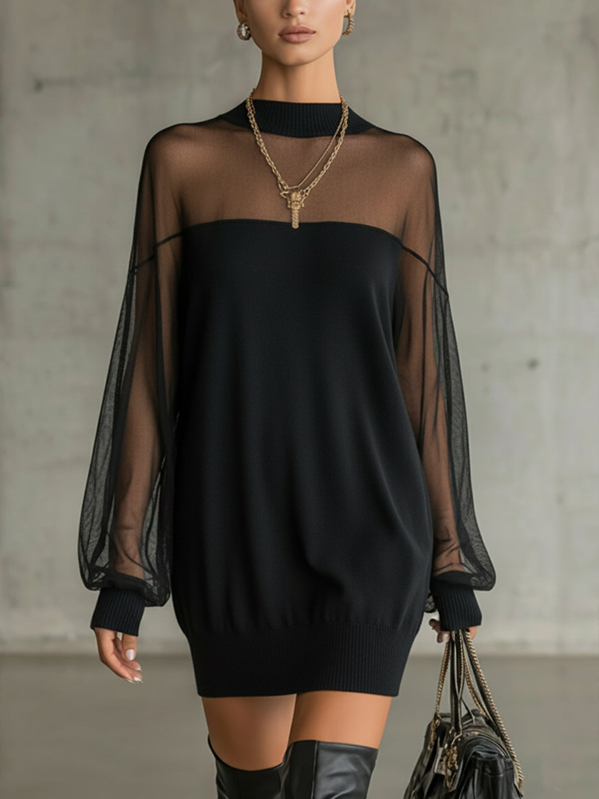 MARCO & BIANCA MILANO | AMÉLIE ELEGANTE MINI ABITO NERO CON MANICHE IN RETE DONNA