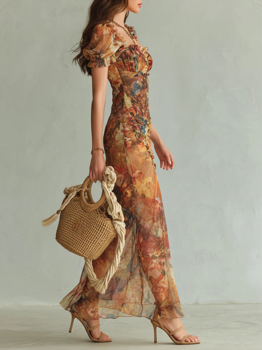 MARCO & BIANCA MILANO | ABITO MAXI IN CHIFFON ARANCIONE BOHÉMIEN DONNA