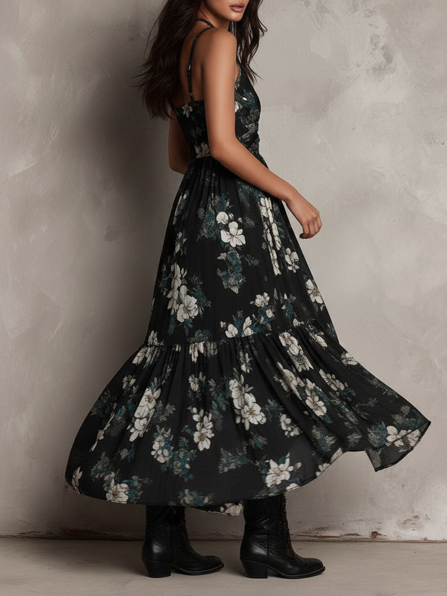 MARCO & BIANCA MILANO | ABITO MAXI NERO FLOREALE BOHÉMIEN DONNA