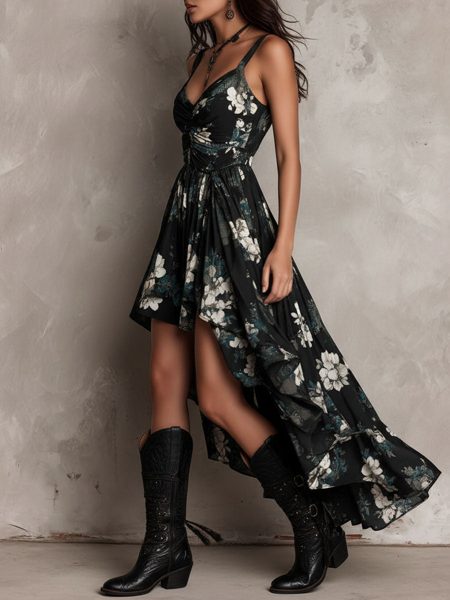 MARCO & BIANCA MILANO | ABITO MAXI NERO FLOREALE BOHÉMIEN DONNA