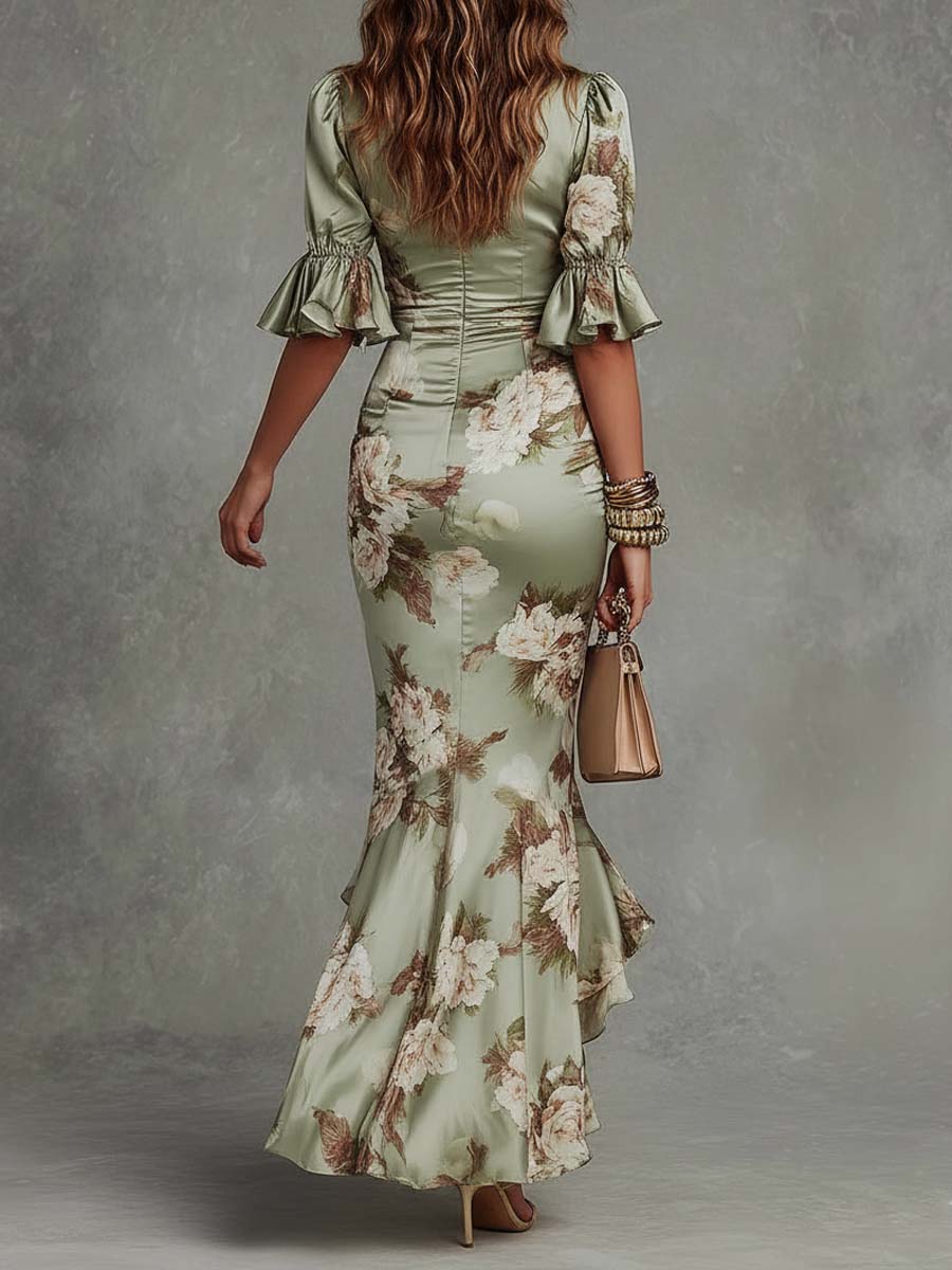 MARCO & BIANCA MILANO | ABITO MAXI IN RASO VERDE FLOREALE DONNA