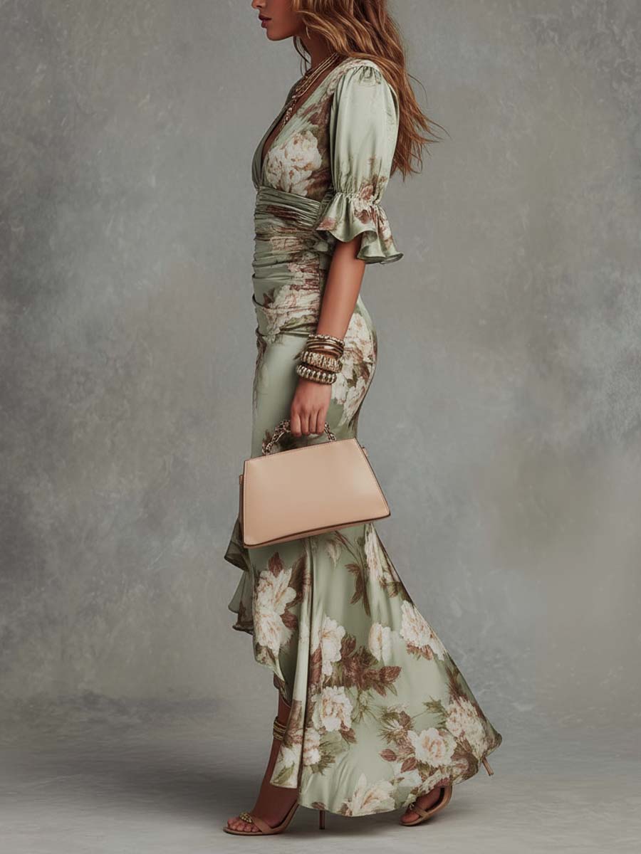 MARCO & BIANCA MILANO | ABITO MAXI IN RASO VERDE FLOREALE DONNA