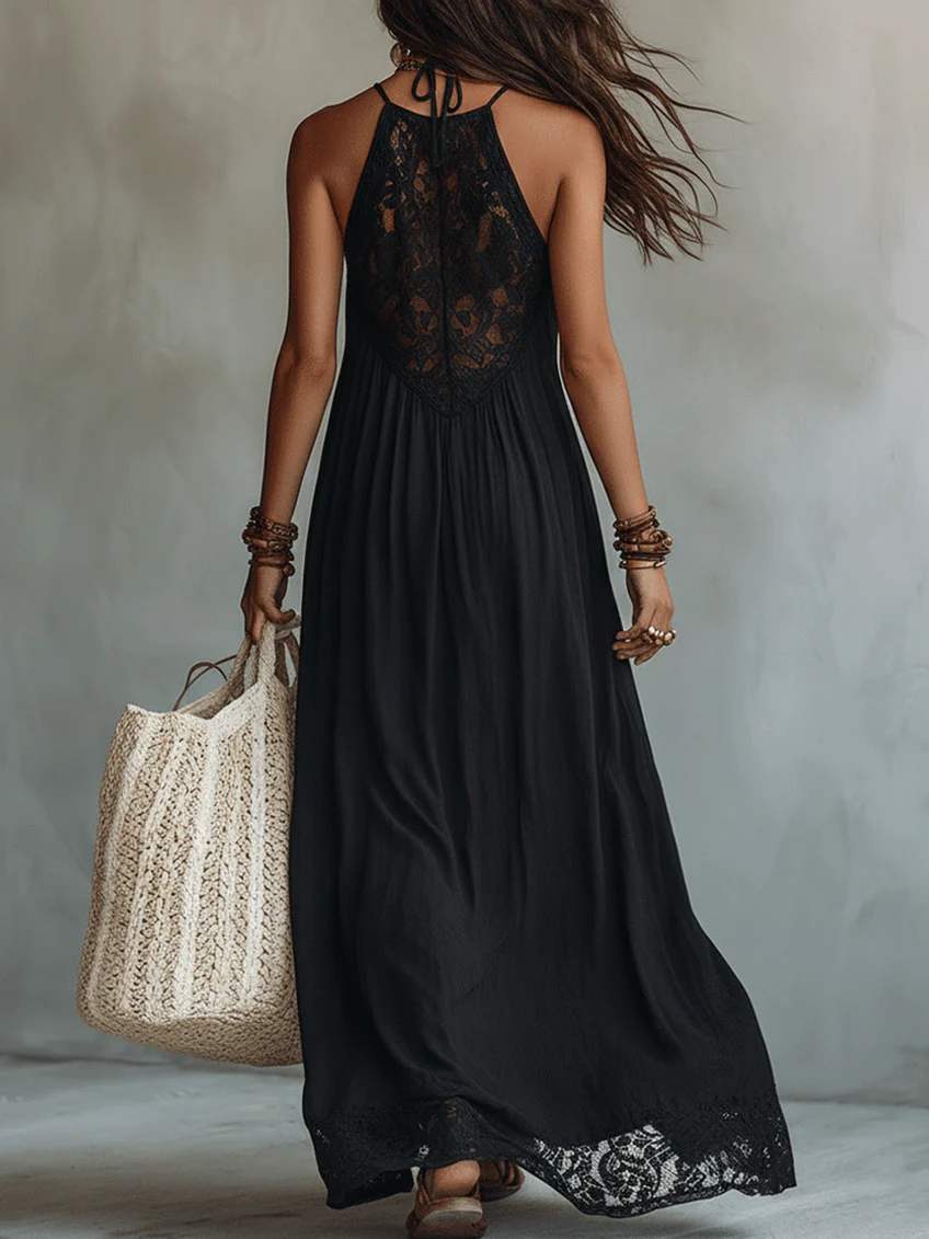 MARCO & BIANCA MILANO | ABITO MAXI NERO CON PIZZO BOHÉMIEN DONNA