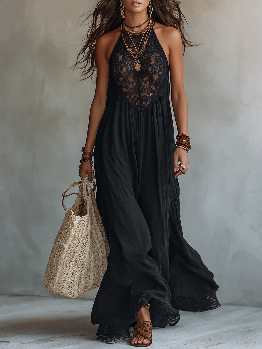 MARCO & BIANCA MILANO | ABITO MAXI NERO CON PIZZO BOHÉMIEN DONNA