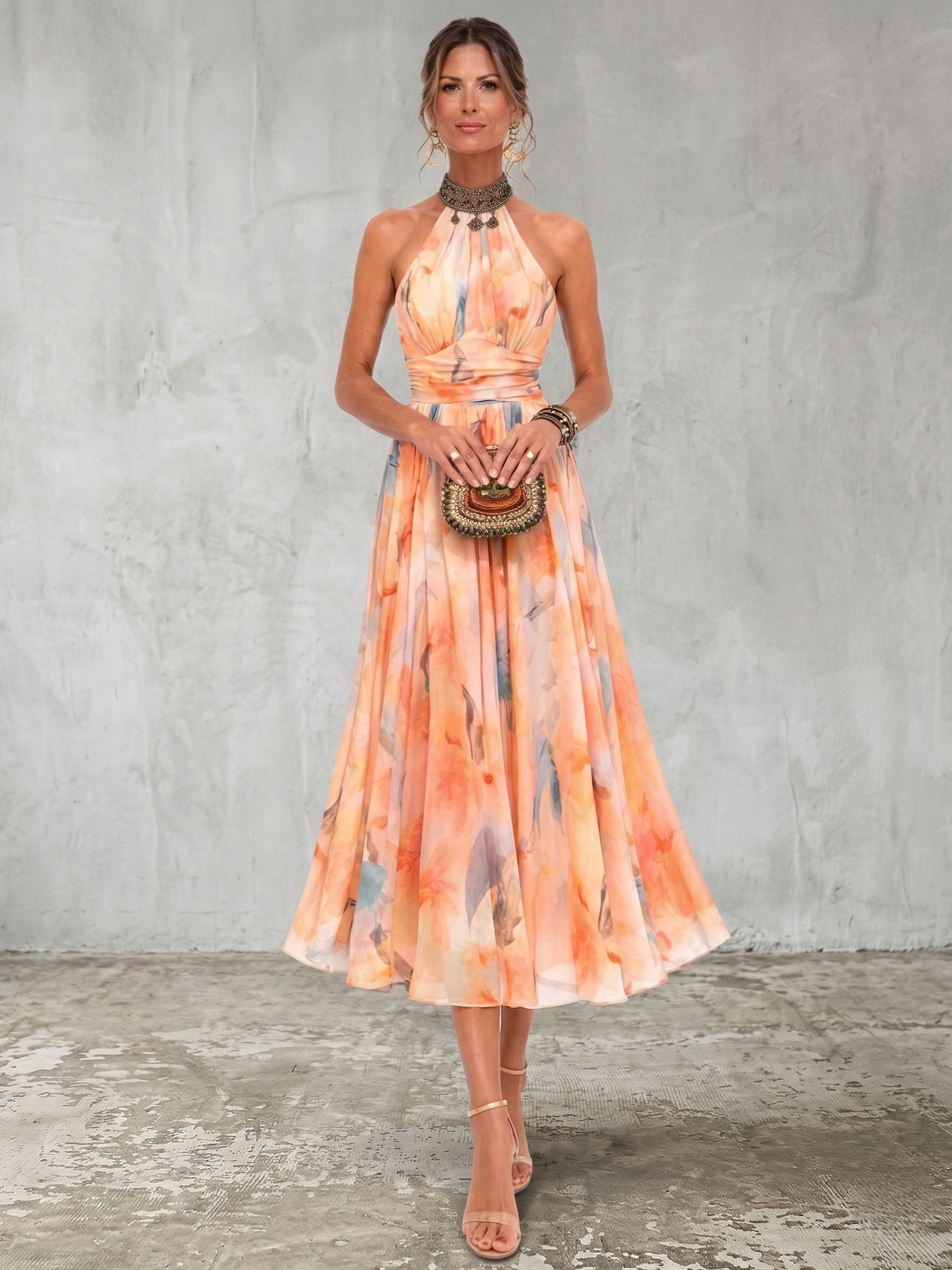 MARCO & BIANCA MILANO | AURORA ABITO CON SCOLLO HALTER E STAMPA ACQUERELLO DONNA