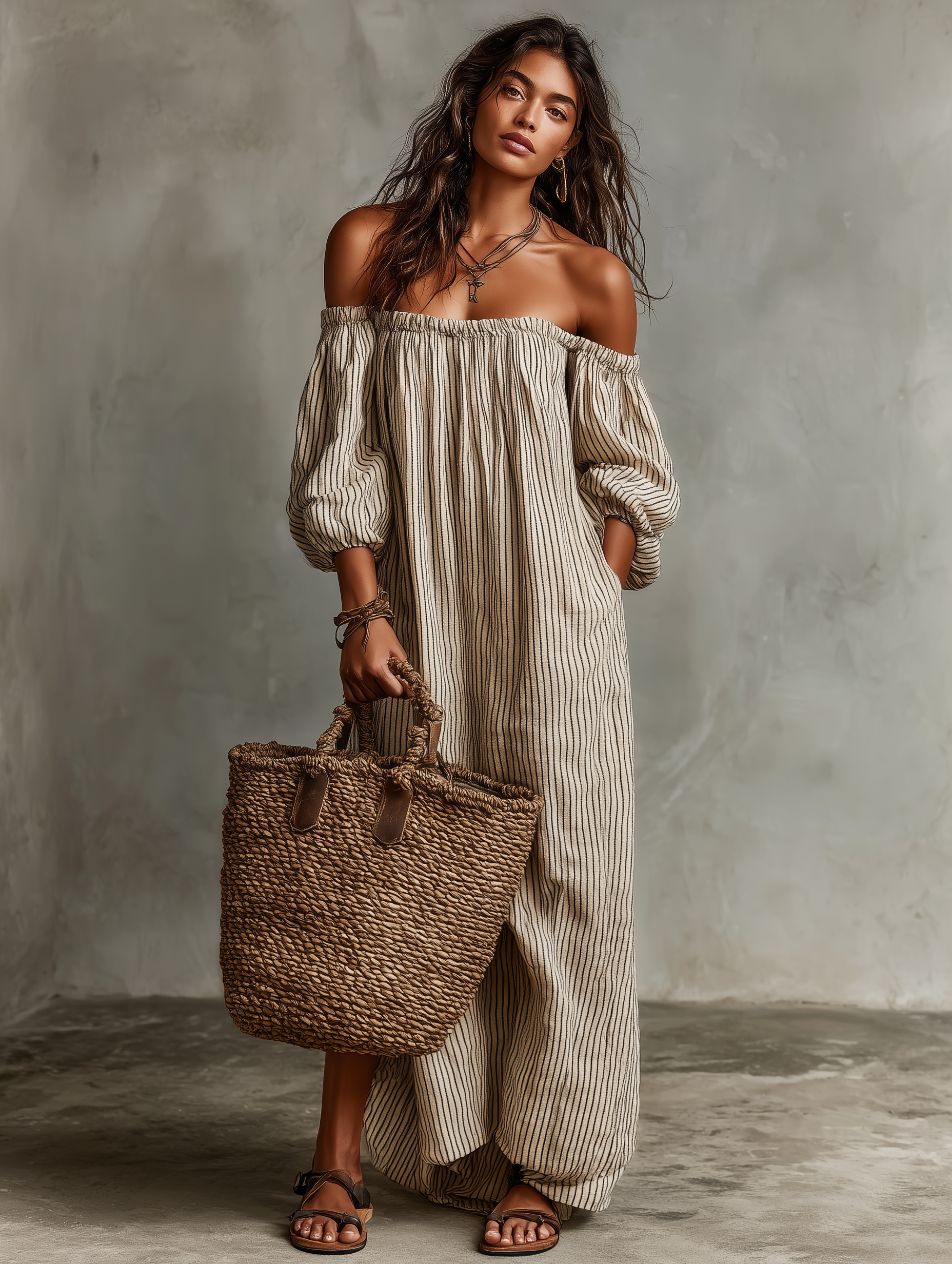MARCO & BIANCA MILANO | CARMEN ABITO LUNGO IN COTONE E LINO OFF-SHOULDER DONNA