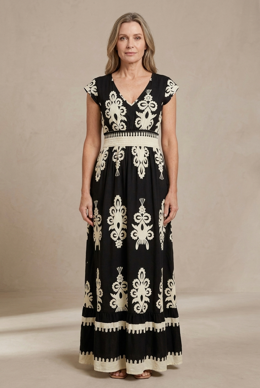 Candela | Abito maxi barocco con scollo a V