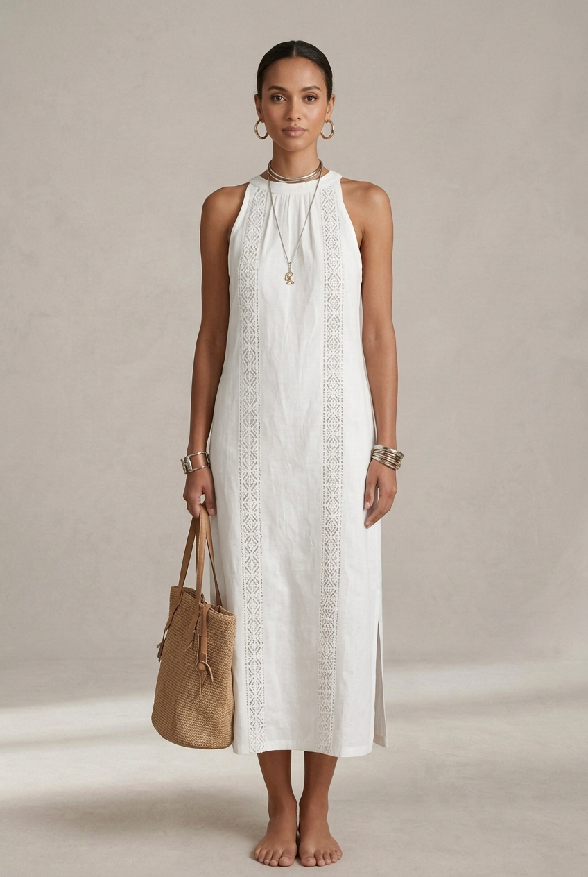 Jimena | Abito midi in lino con collo alla coreana