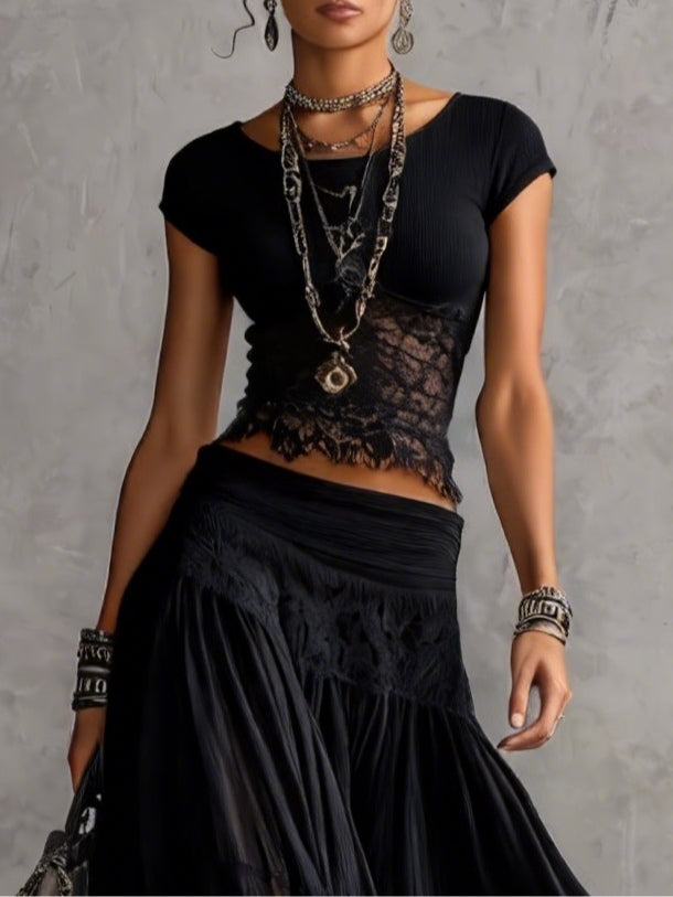 MARCO & BIANCA MILANO | COMPLETO NERO IN PIZZO CON GONNA PLISSETTATA DONNA