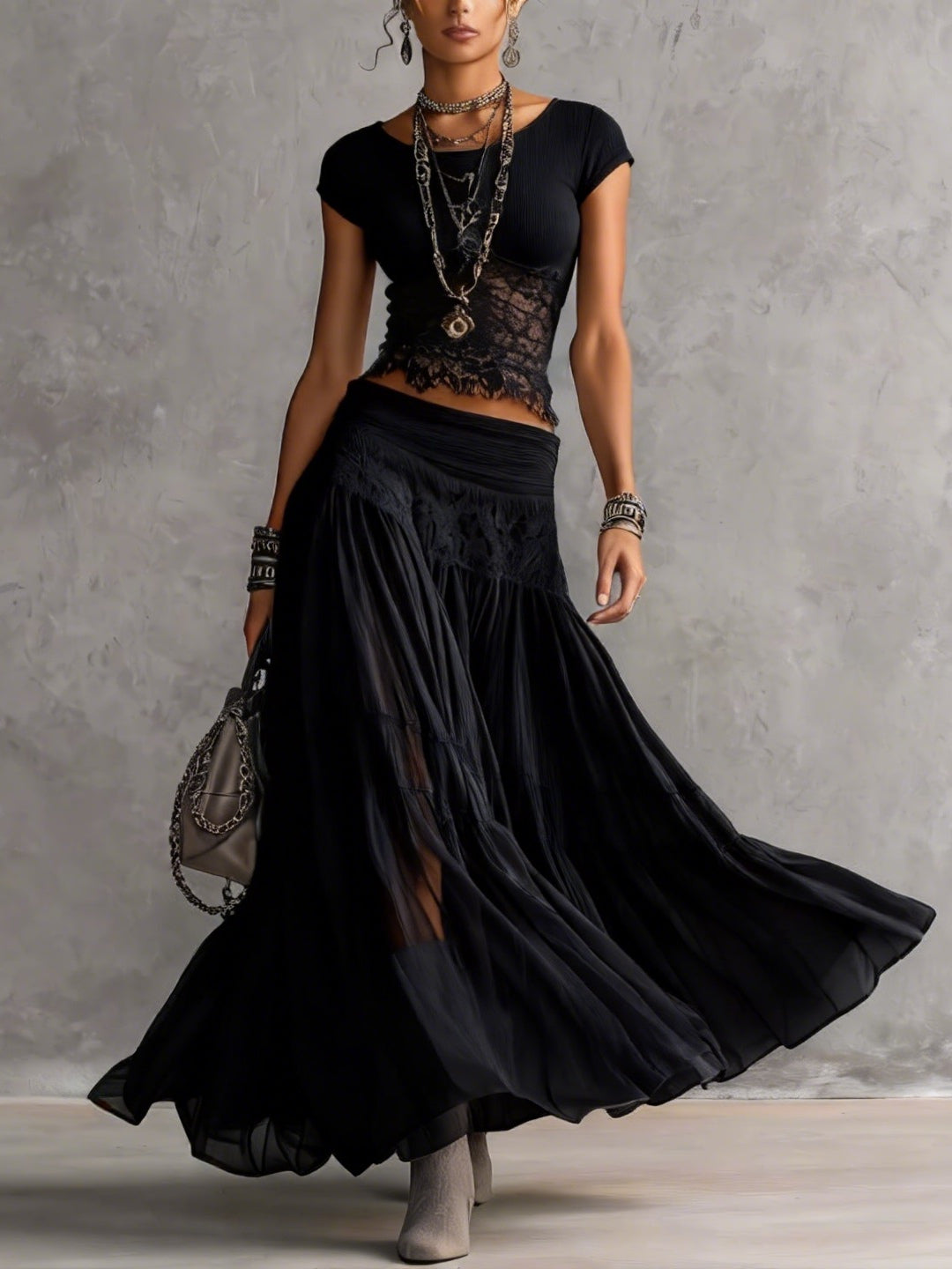 MARCO & BIANCA MILANO | COMPLETO NERO IN PIZZO CON GONNA PLISSETTATA DONNA