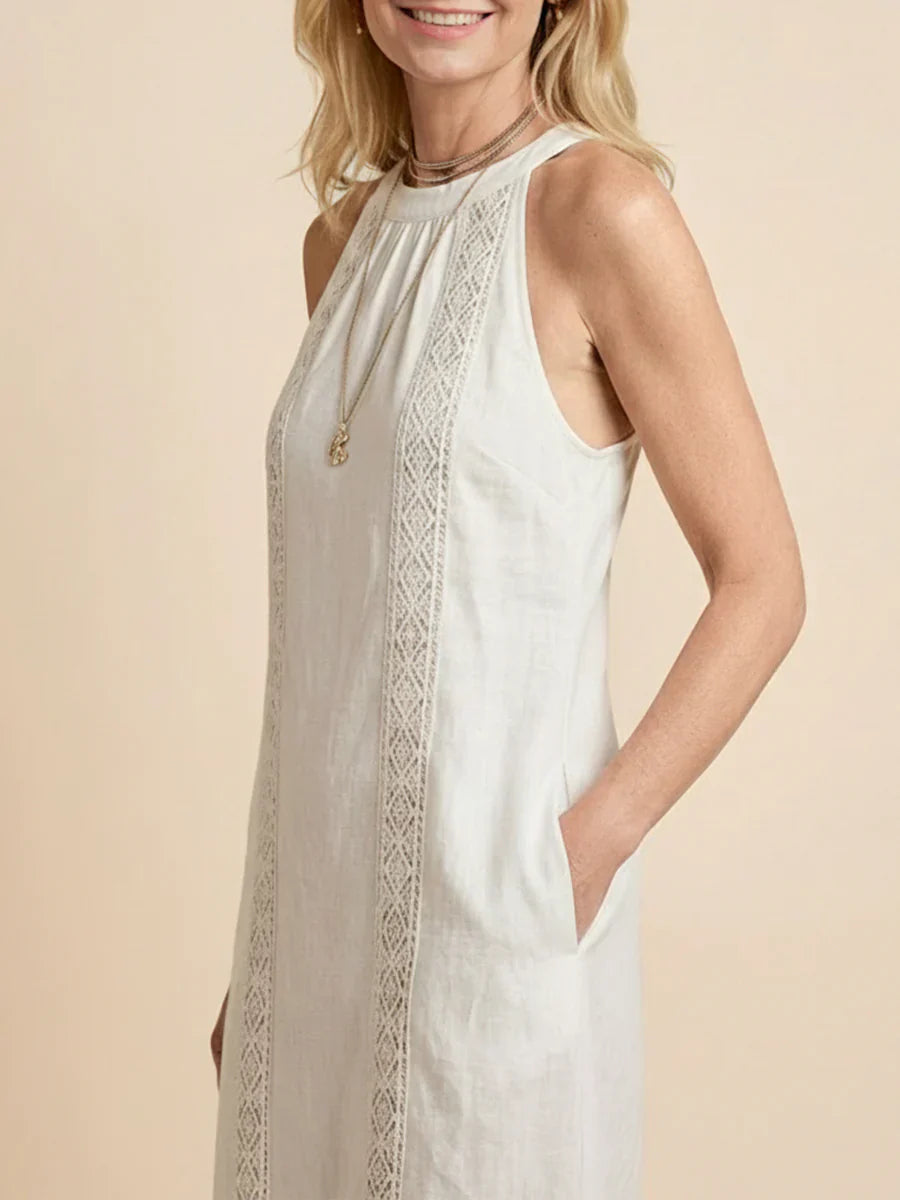 Jimena | Abito midi in lino con collo alla coreana