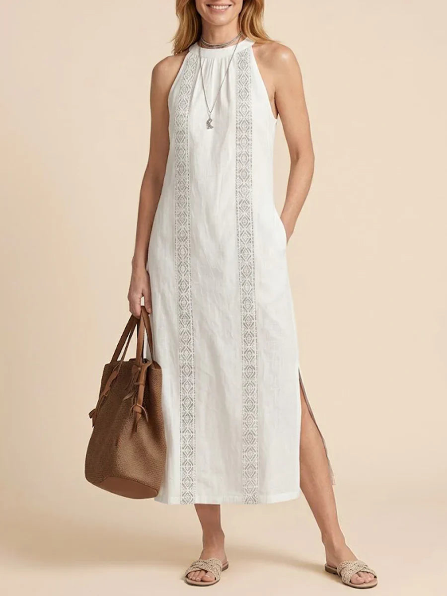 Jimena | Abito midi in lino con collo alla coreana