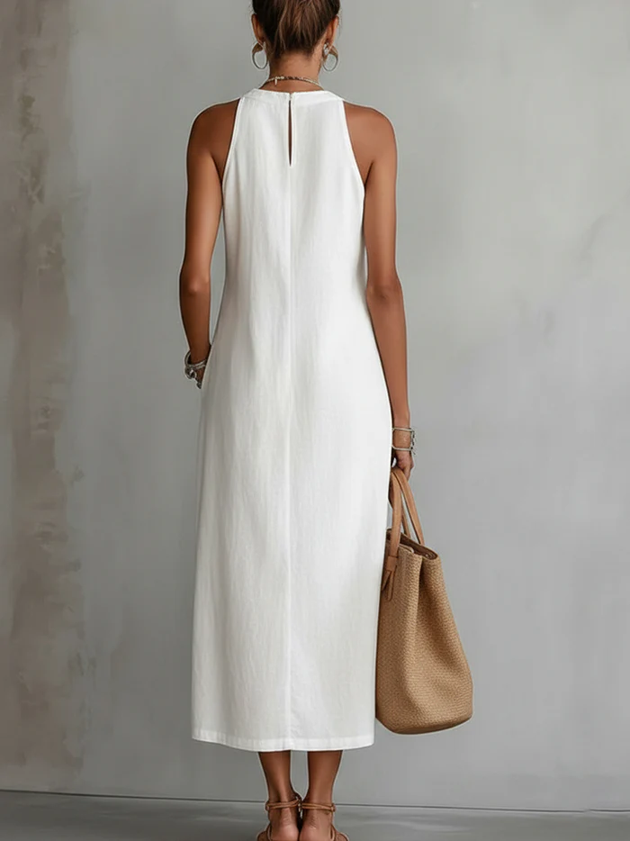Jimena | Abito midi in lino con collo alla coreana