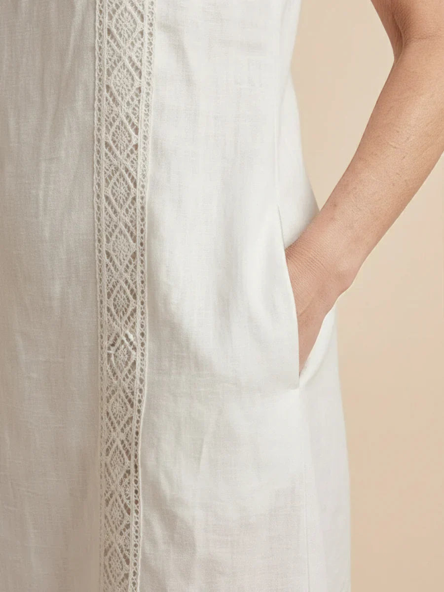 Jimena | Abito midi in lino con collo alla coreana