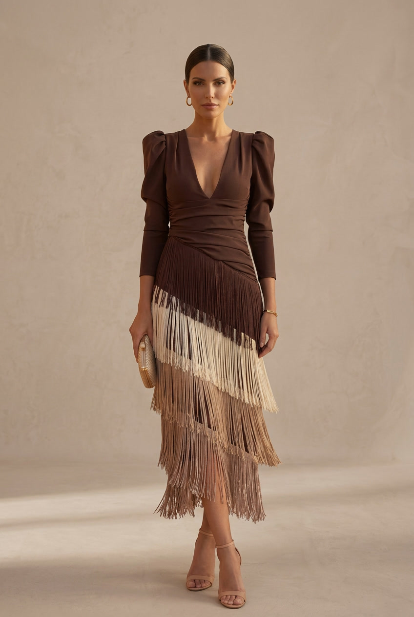 Frida | Abito midi con frange verde salvia