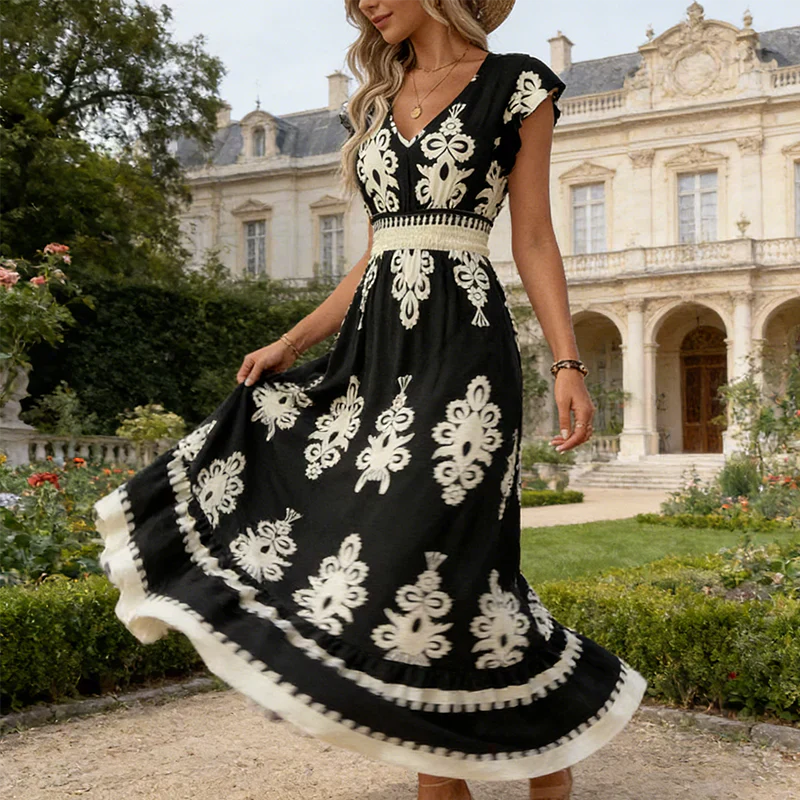 Candela | Abito maxi barocco con scollo a V